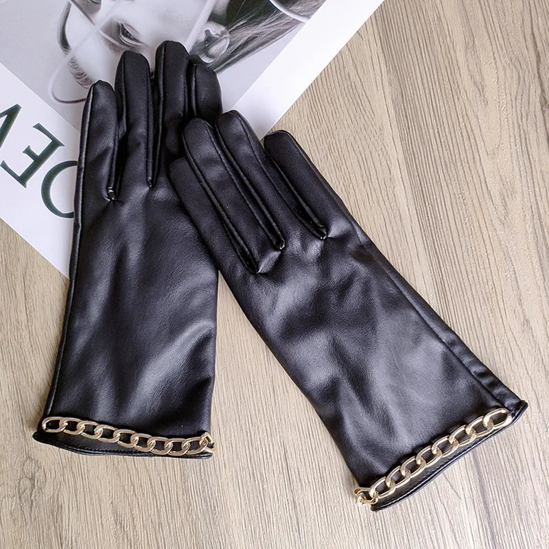 

Women Black Chain Thickened Plush Inside PU Artificial Leather Glove Sexy Female Nightclub Dance Punk Performance Mitten