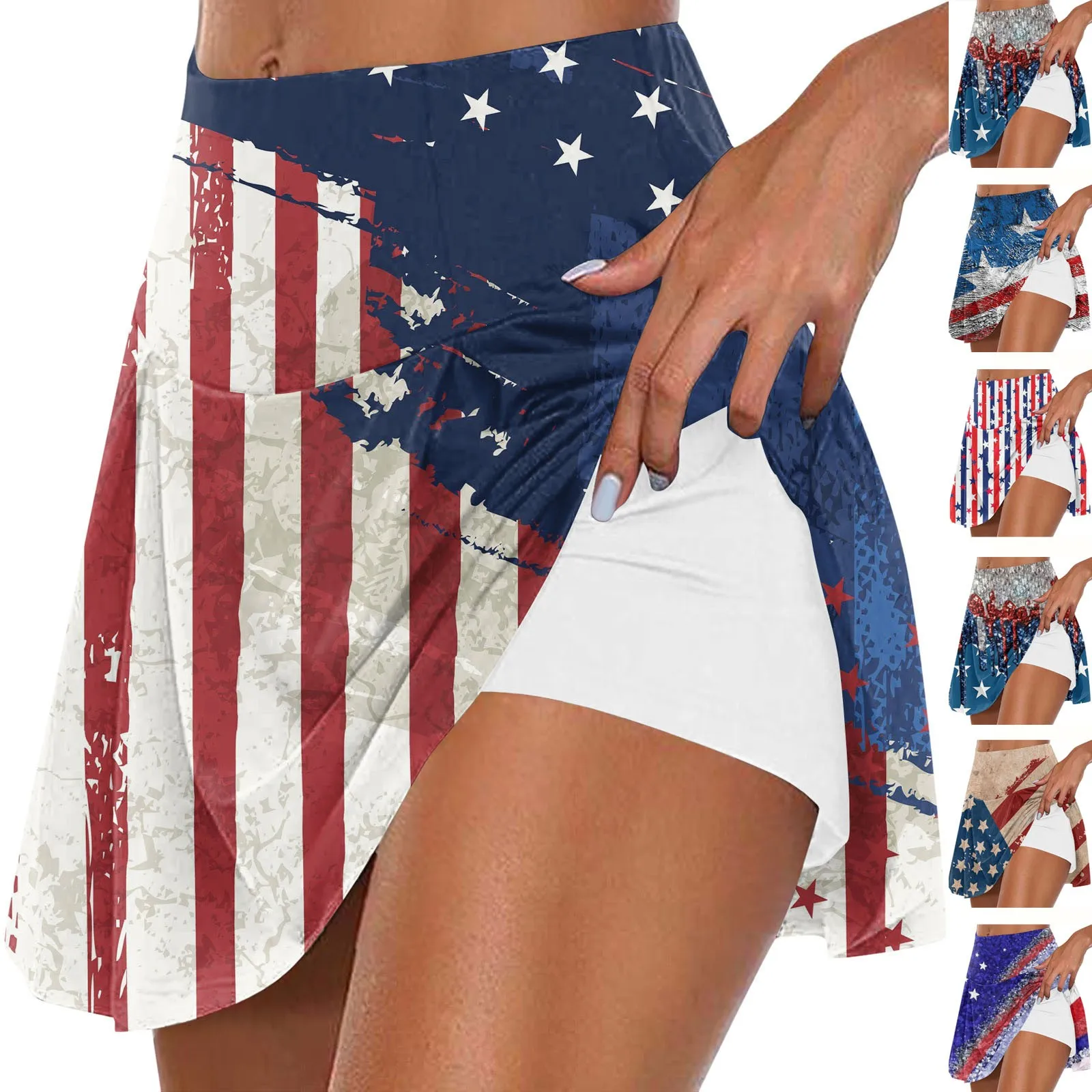 

Women's Summer Casual Skirts Sports Fitness Running Yoga Tennis Skirt Independence Day Printed Pleated Shorts ropa de mujer