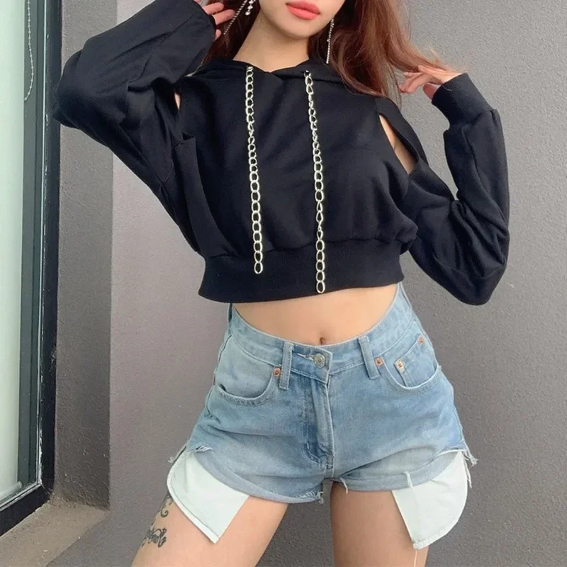 Sexy Hoodie Fashion Women Autumn Spring Long Sleeve Cut Out Chain 2024 Hoodie Short Sweatshirt Hollow Crop Top Women's Clothing