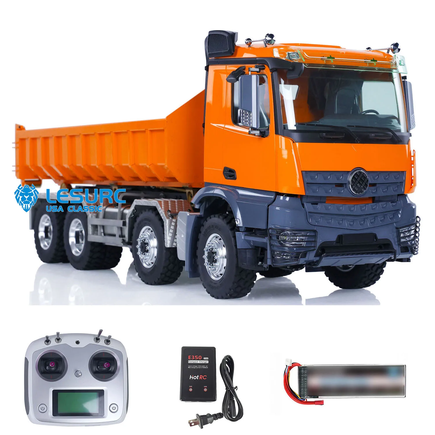 

LESU K3363 1/14 8x8 Hydraulic RC Dump Truck Roll On/Off Metal RTR Orange Painted Full Drive Tipper Model W/ Sound Light System