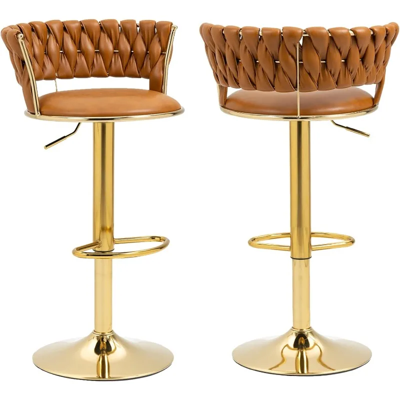 

Modern Pu Leather Swivel Bar Stools Set of 2, Mid Century Counter Height Bar Stool with Woven Back, Adjustable Kitchen Dining