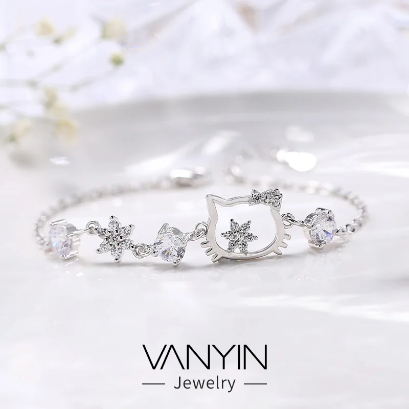 

Kawaii, ювелирные изделия Hello Kitty, женский браслет из стерлингового серебра Kt, студенческий подарок, персонализированный, милый