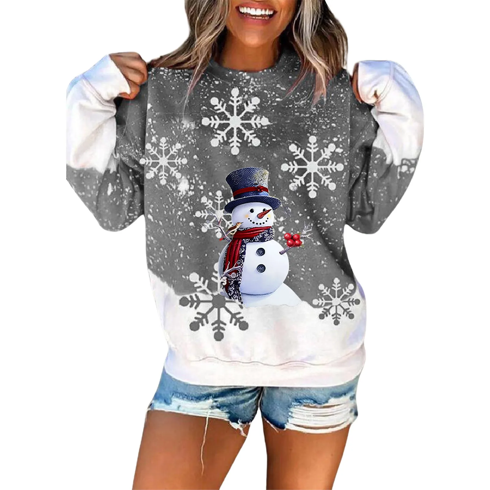 

Women Fashion Round Neck Christmas Print Long Sleeve Blouse Pullover Sweatshirt Tops Fleece Pullover