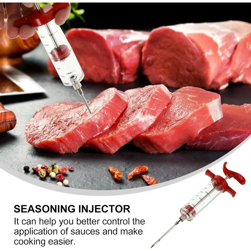 Stainless Steel Meat Injector Syringe Kit Marinade Flavor Injector for BBQ Grill Turkey Chicken Roast Cooking Tool with Needle