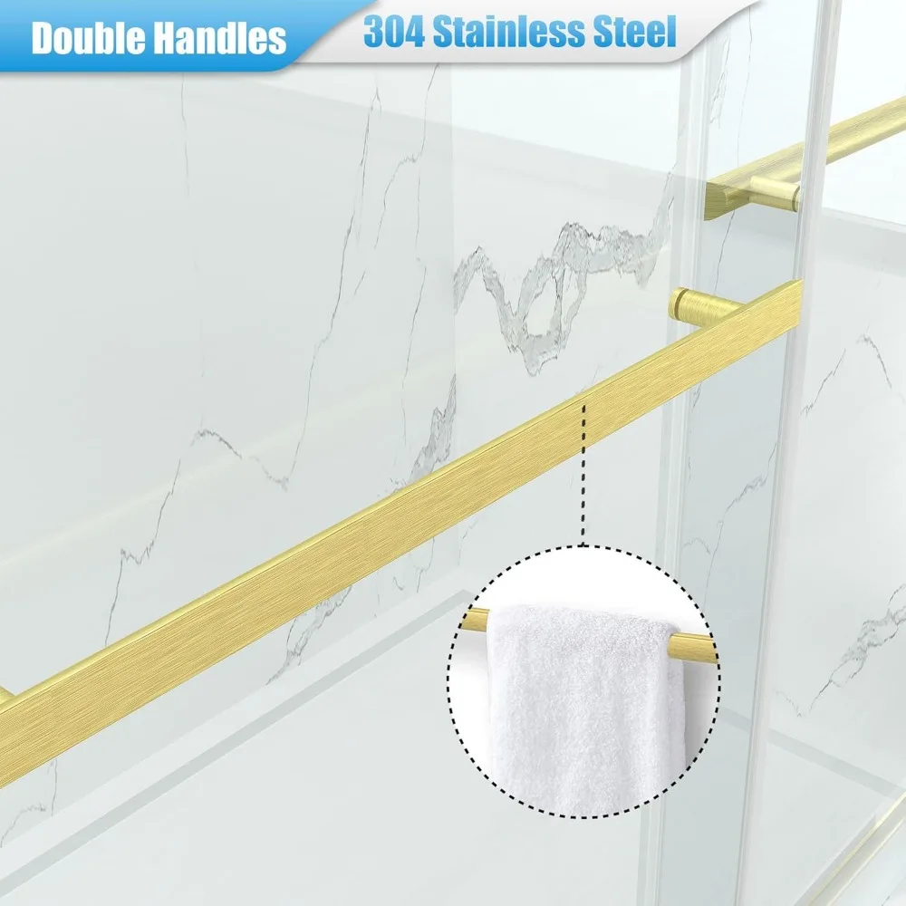 56-60” x 76” Frameless Shower Door, 5/16"Clear SGCC Tempered Glass, Bathroom Dual Sliding Shower Doors, Brushed Gold Shower Door 6
