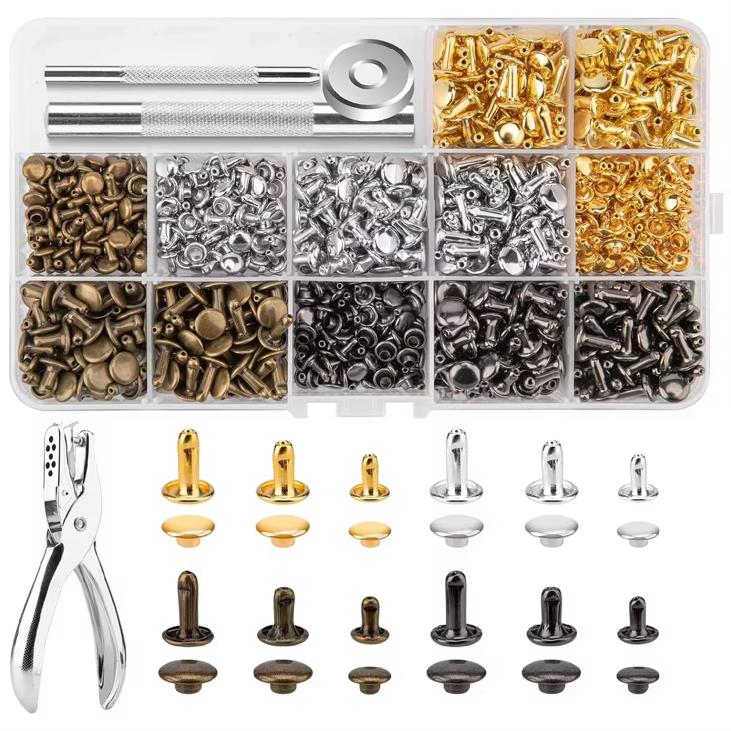 Metal Rivets Fenrry 240pcs Leather Rivets Double Cap with Punch Pliers Fixing Set Tubular Studs For DIY Leather Craft Rep