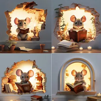 Autocollant mural trou de souris M736, autocollant en vinyle pour amoureux du livre de souris, décor de lecture de souris, souris mignonne dans un trou, autocollant de souris 1