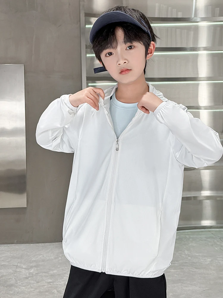 아동용 경량 통기성 자외선 차단 의류 아이스 실크 선스크린 아웃웨어 여름용 얇은 스탠다드 핏 후드 지퍼