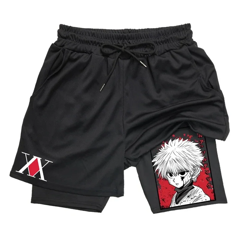 Mens 2-in-1 Athletic Gym Shorts Anime Hunter X Hunter Print Quick Dry Stretchy Active Shorts Fitness Workout Running Sportswear 3