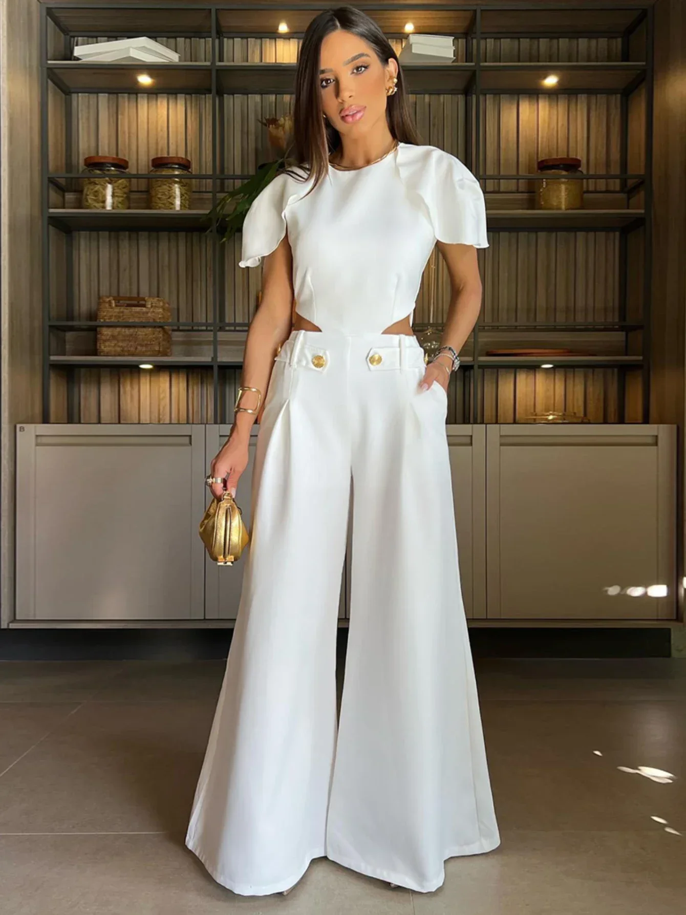 2024 New Elegant Solid Hole Button Women's Jumpsuit O-neck Butterfly Sleeve Loose Long Pants One Piece Suit Summer Women Fashion
