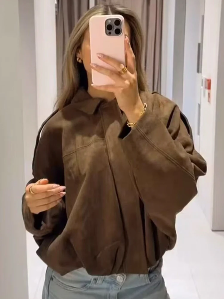 Women Coffee Suede Jacket Coat 2026 Spring Autumn New Fashion Long Sleeve Zipper Loose Bomber Jackets Chic Casual Streetwear ﻿ ﻿
