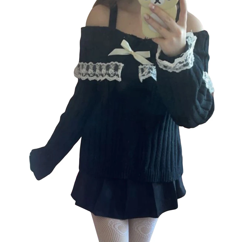 Pretty Cute Outfits Harajuku Cosplay Sweater Kawaii Lace Trim Off Shoulder Pullovers Y2K Aesthetic Vintage Long Sleeve Jumpers 6