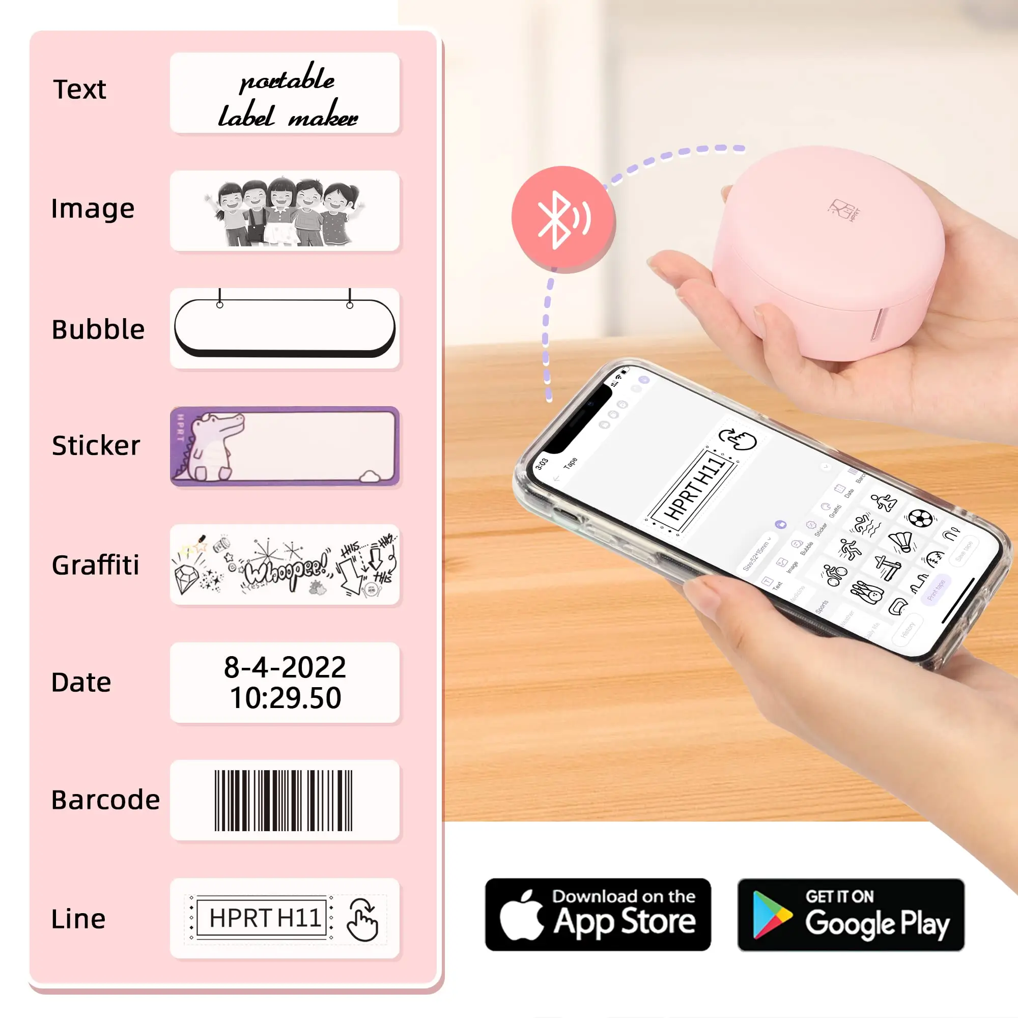 vretti Sticker Maker Mini Impresora de Etiquetas con Varias Plantillas, HP2 Impresora de Etiquetas portátil Bluetooth para Almacenamiento, envío, código de Barras, envío Postal, Oficina, hogar