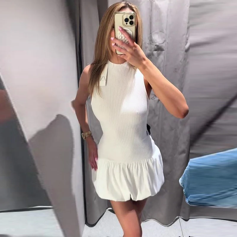 Elegant Solid Color Mini Dress For Women Knitted O Neck Sleeveless Backless Female Skirts Summer New Chic Ladies Robe