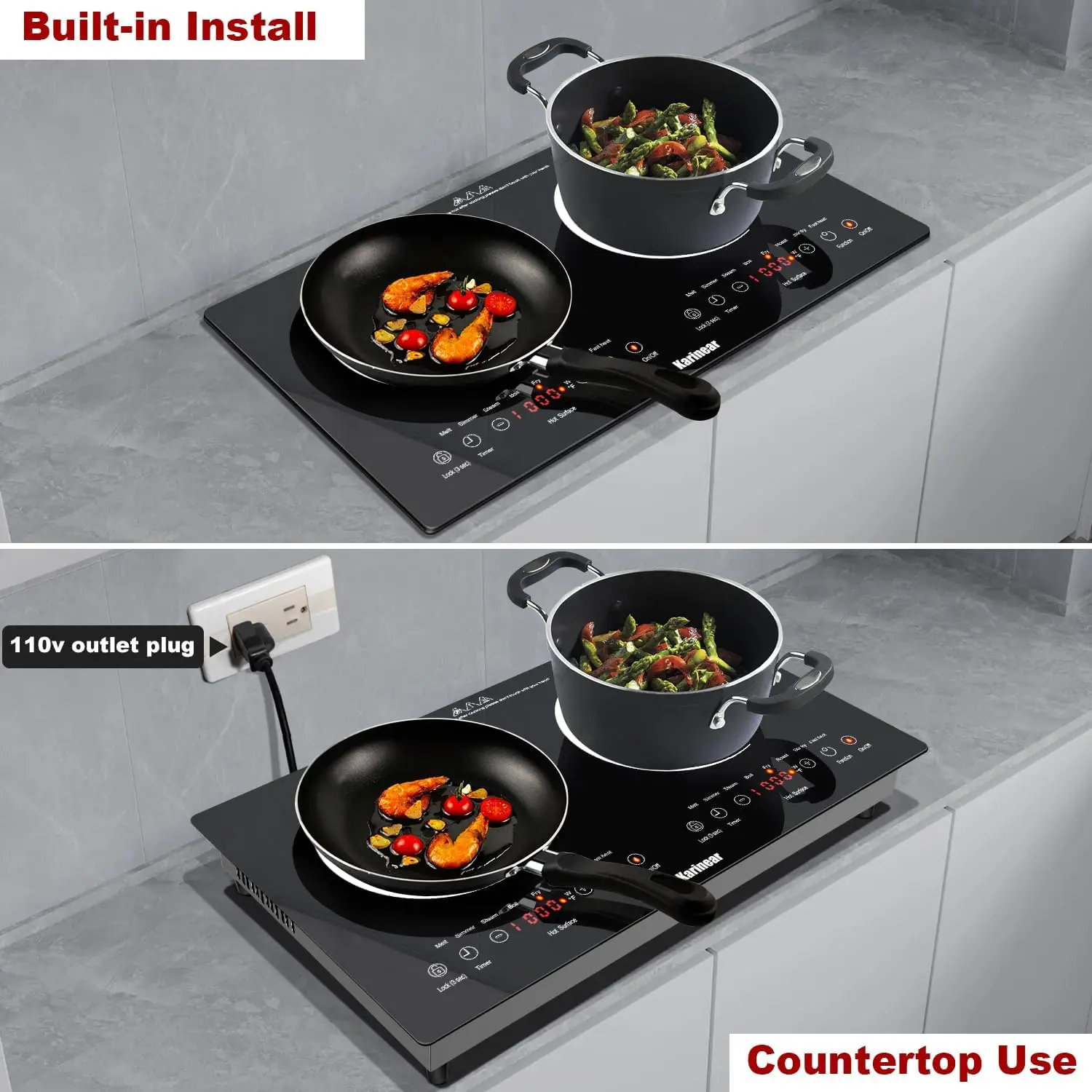 2 Burners Electric Cooktop 24 Inch, 110v~120v Countertop and Built-in Elecric Stove Top, Portable Electric Radiant with Outlet