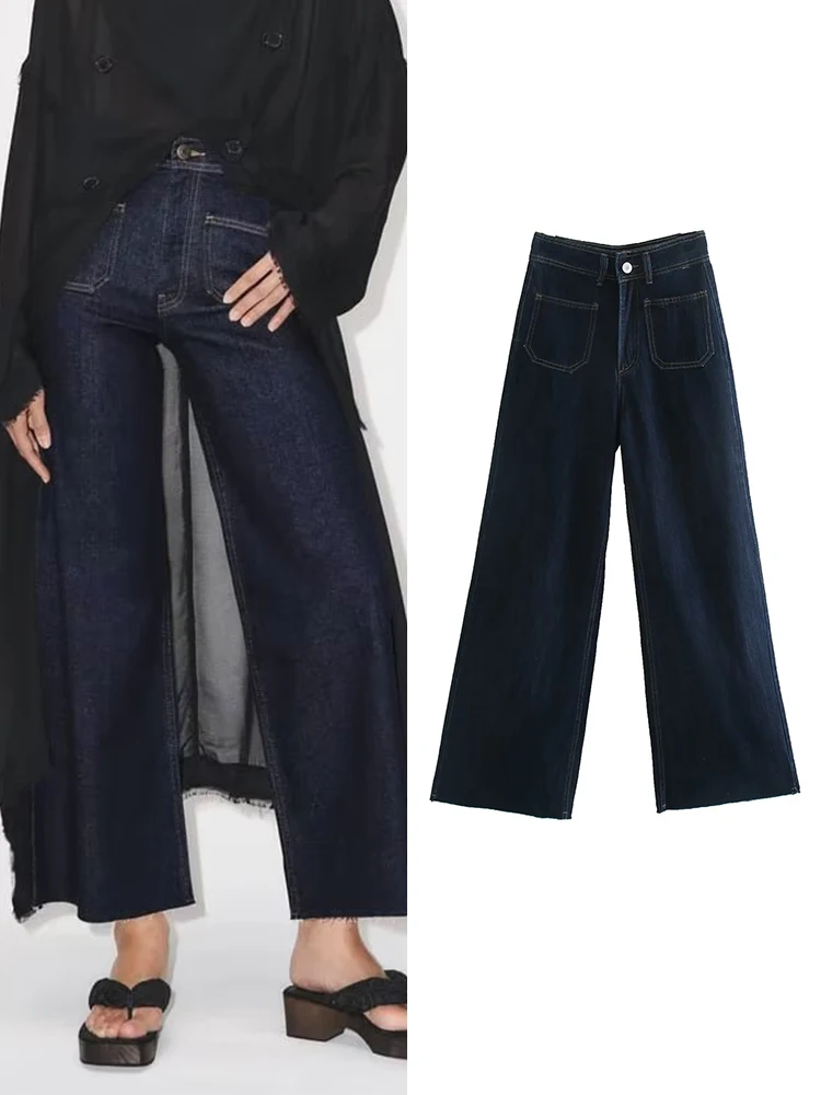 

TRAF Autumn New Women Denim Pant 2023 Elegant Office Ladies Solid High Waist Pocket Decoration Commuting Long Wide Leg Pants