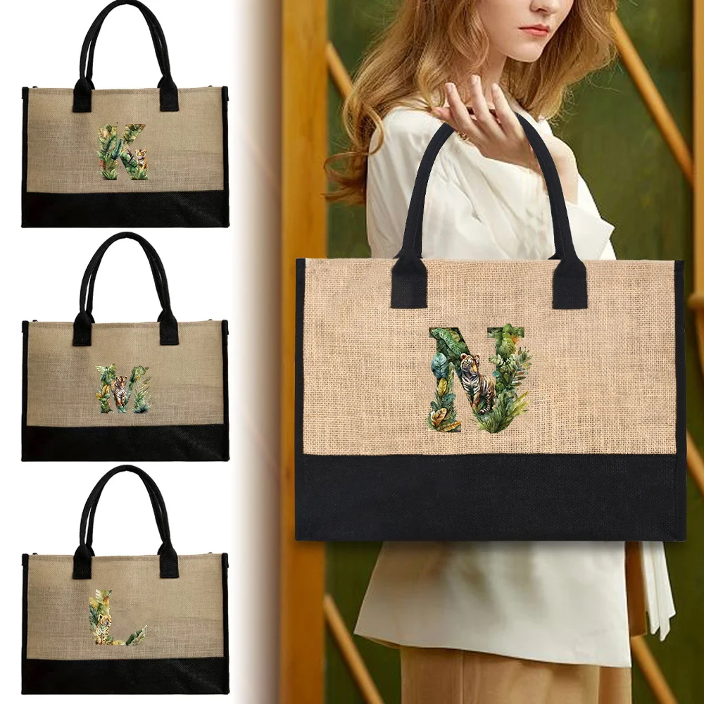 

Reusable Shopping Bags Eco-friendly Grocery Organizer Jute Bag Women Bag Large Capacity Original Jungle Tiger Printing Beach Bag