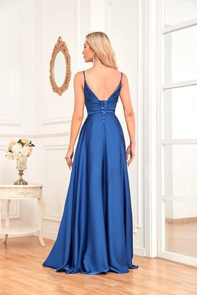 Satin Bridesmaid Dresses with Slit A Line Spaghetti Strap Formal Prom Evening Party Gown with Pocket V Neck Long Ball Gown