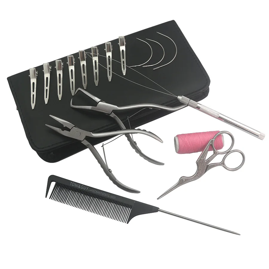 Hair Extensions Tools Kit 1 Comb 8 Duck Bill Clips 1 Scission 2 Pliers Kit with C Type Needles and Pulling Loop Threader Tool