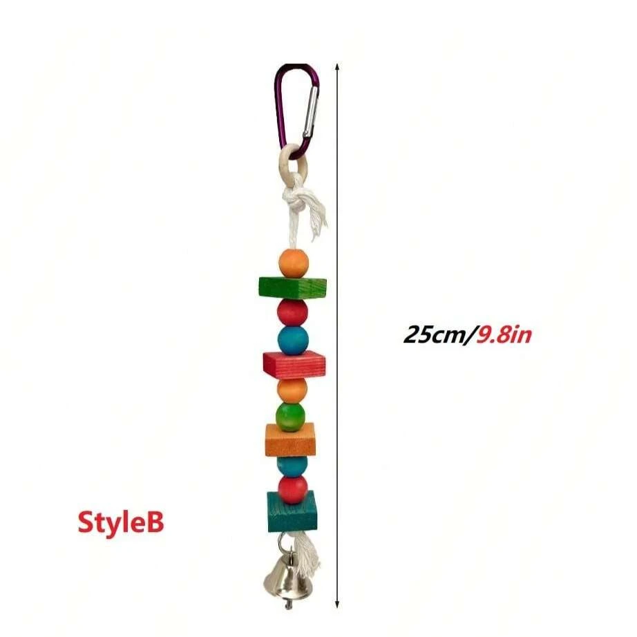 1 pc Random Color Wood Beads Hanging Bird Bite Skewers Toys Interactive Chew Teeth Toys with Bell for Pet Parrot Cage Decoration 4