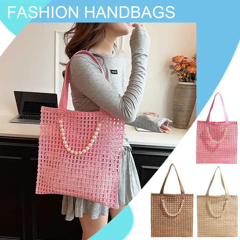 Crochet Tote Bag for Women Mesh Knit Shoulder Bag Large Capacity Handbag Solid Color Hobo Bag for Travel Vacation