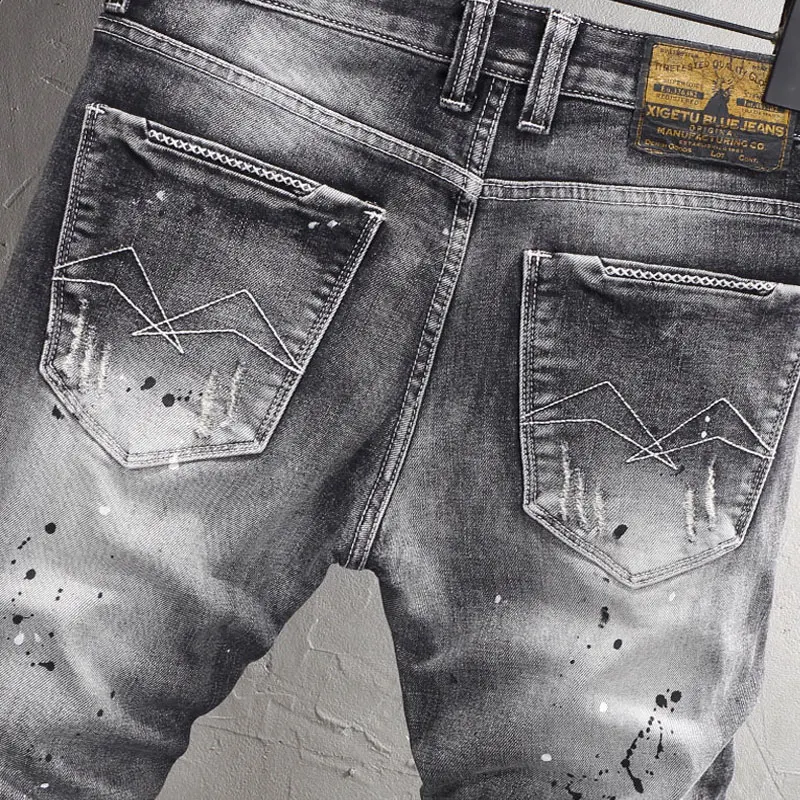 Newly Designer Fashion Men Jeans High Quality Retro Black Gray Elastic Slim Fit Ripped Jeans Men Patched Vintage Denim Pants