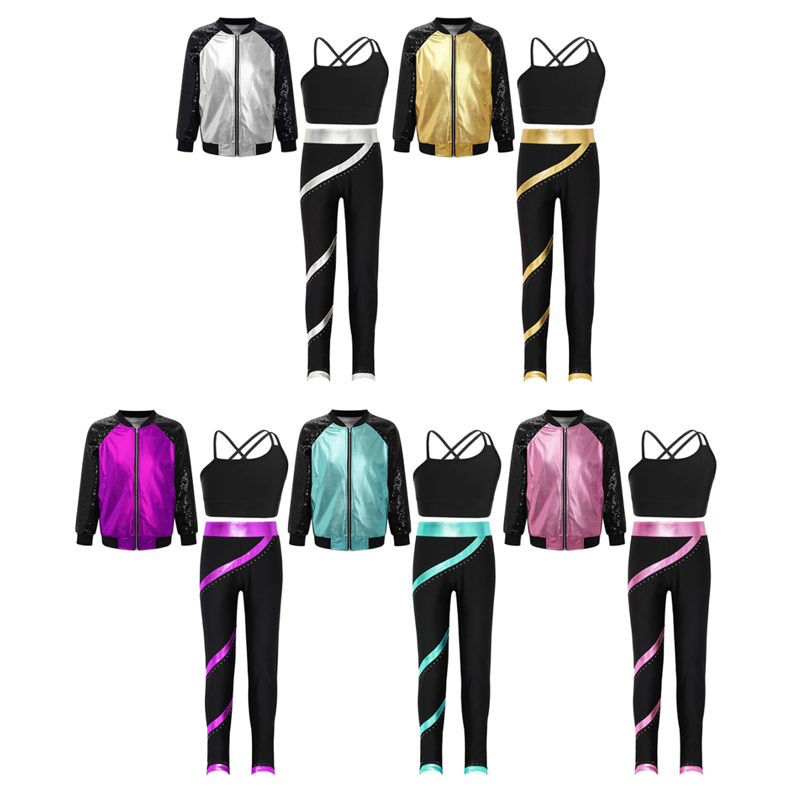 

TiaoBug Kids Girls Sports Set 6 to 14 Years Asymmetrical Straps Vest with Metallic Zipper Jacket High Waisted Patchwork Pants