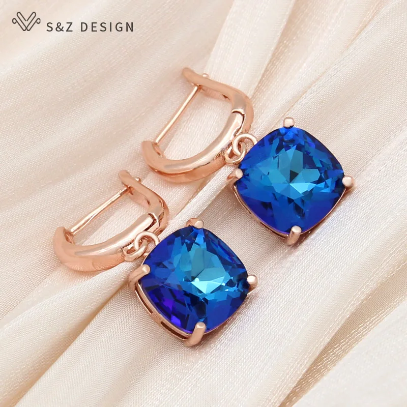 S&Z DESIGN New Fashion Classic Simple Square Crystal Drop Earrings 585 Rose Gold Color Eardrop For Women Wedding Jewelry Gift