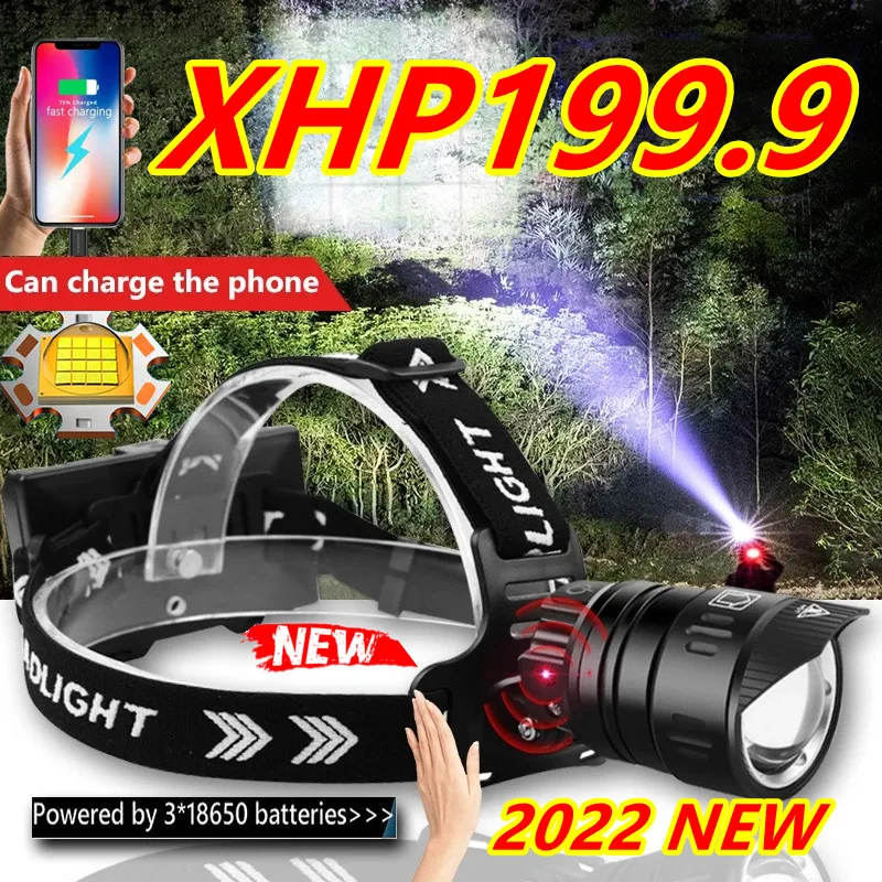Суперъяркий светодиодный налобный фонарь XHP199 8800 мАч с ИК-датчиком USB-зарядка 18650