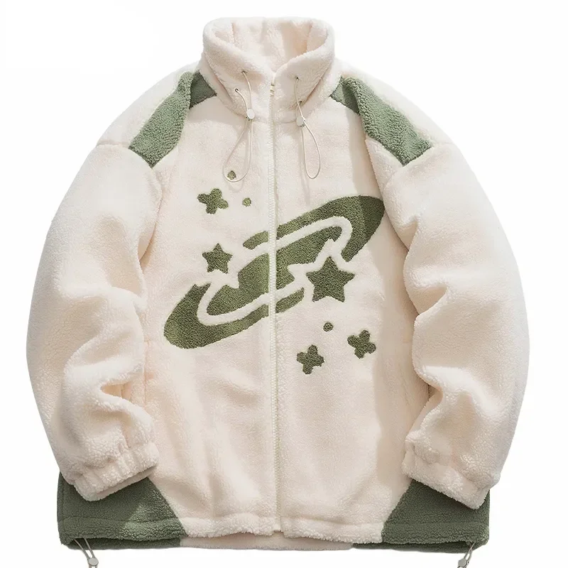 Hip Hop Streetwear Coat Fleece Stars Space Harajuku Jacket 2023 Men Winter Zipper Up Turtleneck Outwear