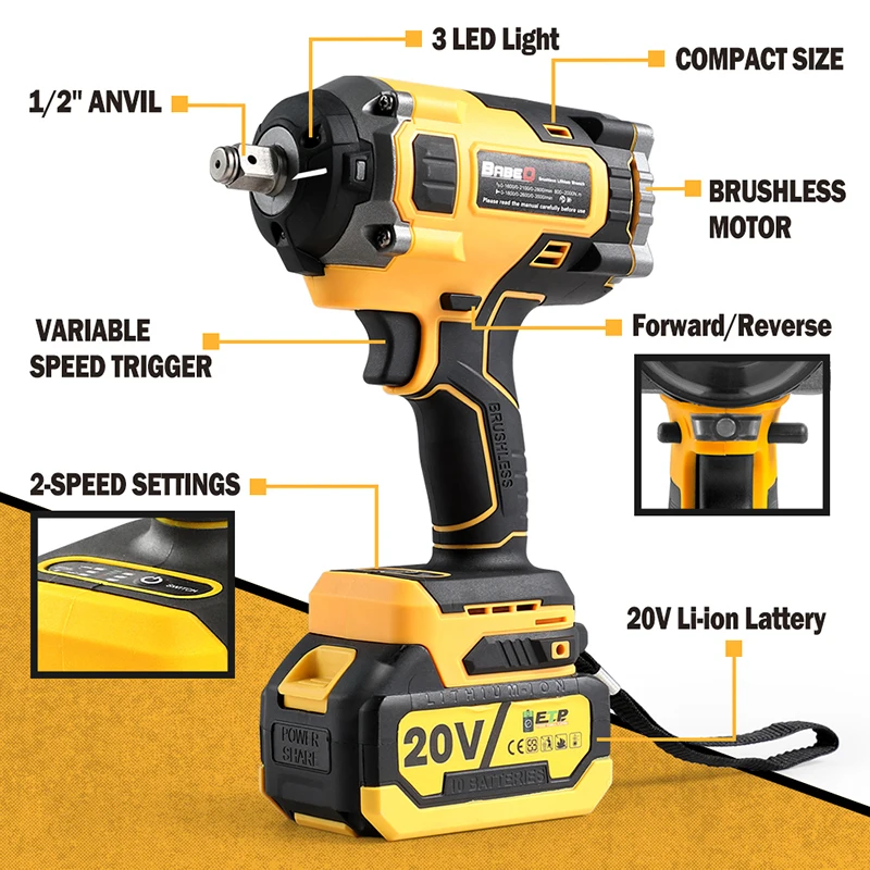 BINGK 2000N.M Torque Brushless Electric Impact Wrench For Trucks 1/2 inch Lithium-Ion Battery Cordless Wrench Driver Power Toos 4