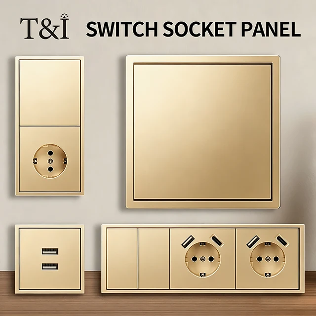 Flush Mount EU Electrical Socket 16A 250V with USB Type-C Charging 1/2 Gang Switch, 80x80mm Golden Panel for European Standard 1
