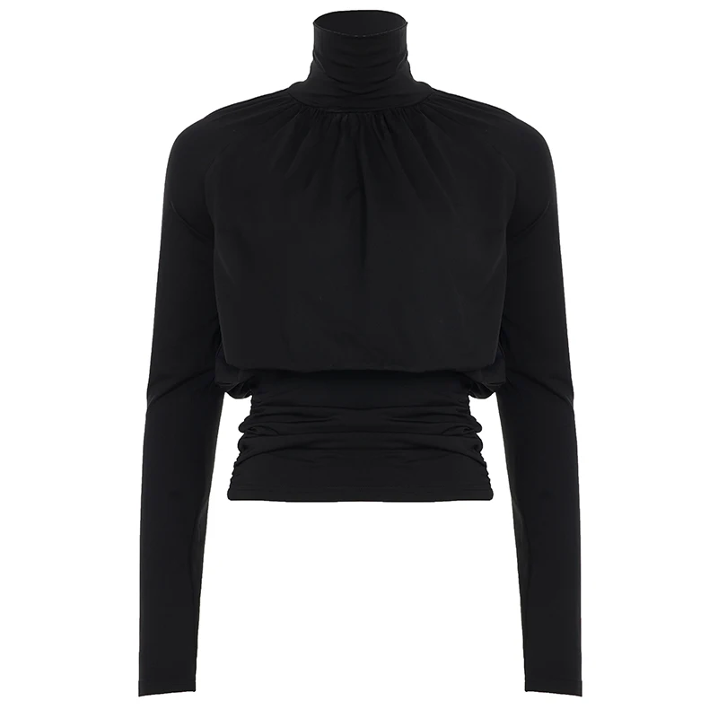 Elegant Basic Turtleneck Draped T Shirt Slim-Fitting Solid Ruched Waist Long Sleeve Tees Women 2025 Casual Streetwear Tops Lady 5