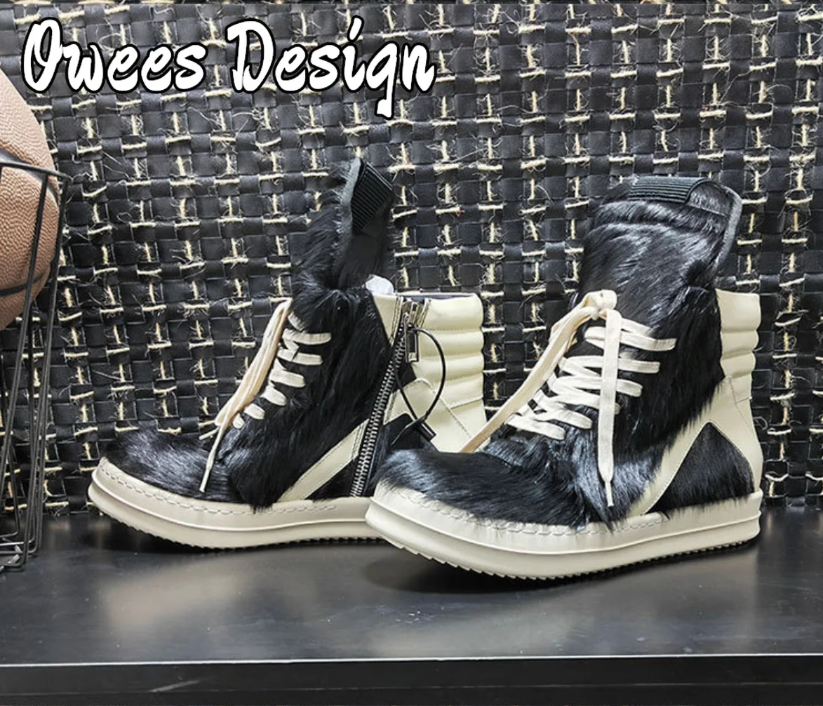 Owees Design Zipper Ankle Boots Men's Horsehair High-tops Sneakers Women Thick Soled Quality Leather Lace-up Fashion Shoes 2