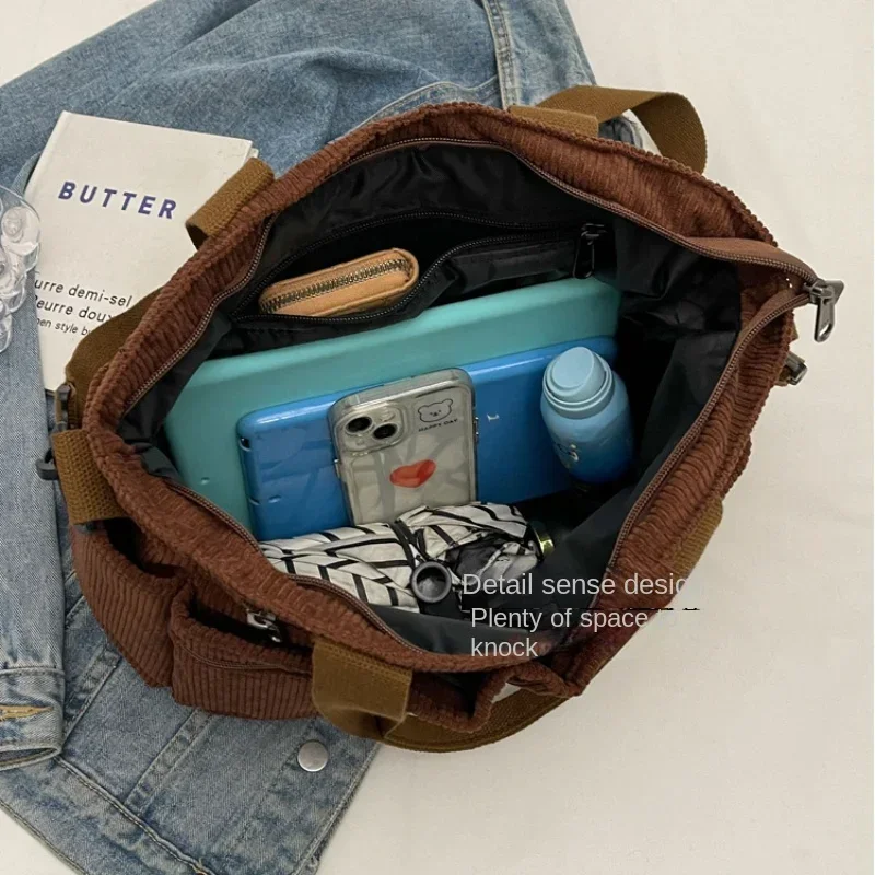 Borse a tracolla casual in velluto a coste Borsa a tracolla portatile per mummia per pendolari di grande capacità Borse da campeggio multistrato - immagine 5