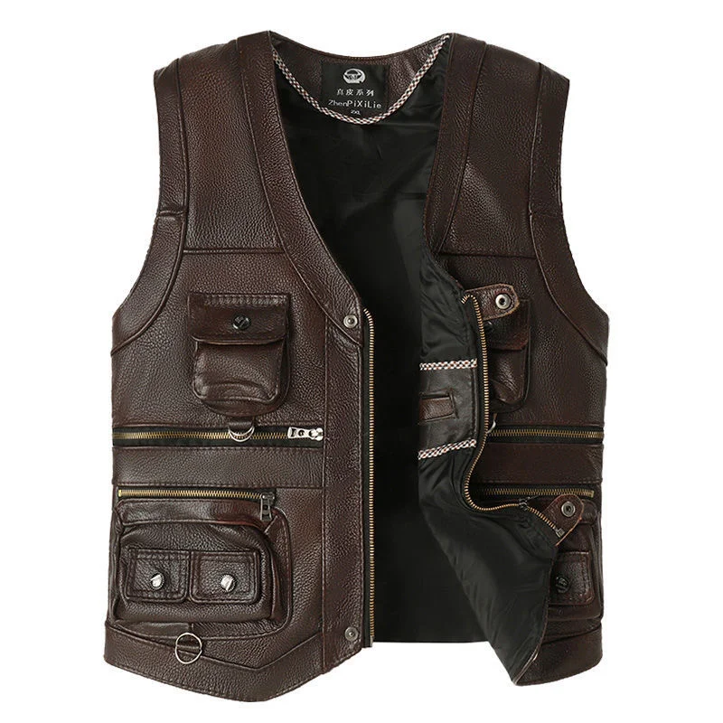 Men's Genuine Leather Vest  Keep Warm In Autumn Winter Top Layer Cowhide Multiple Pockets Photography Casual Fishing Outdoor