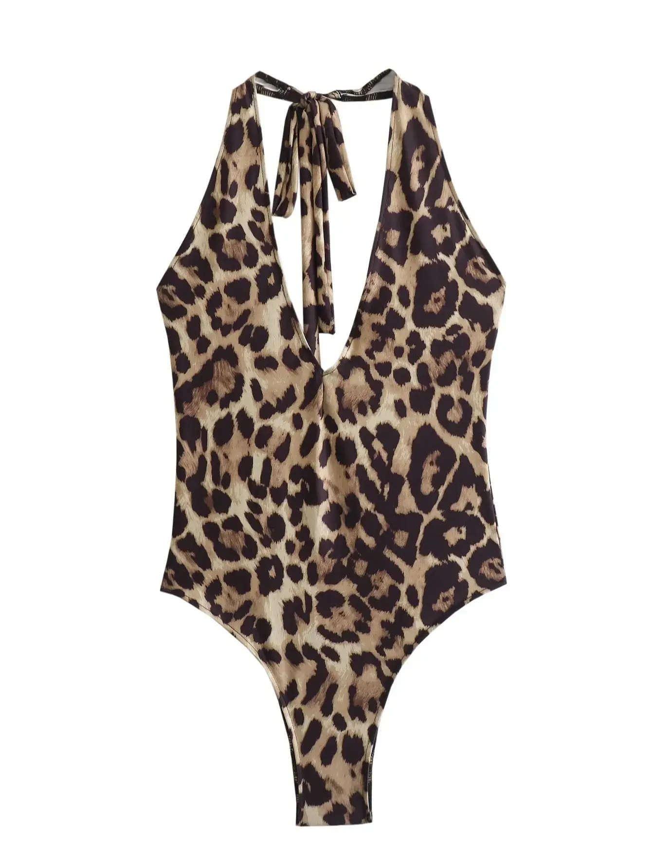 

KAOPU ZA women's summer sexy animal print hanging neck bodysuit Women retro V-neck backless swimsuit slim-fit beach shorts