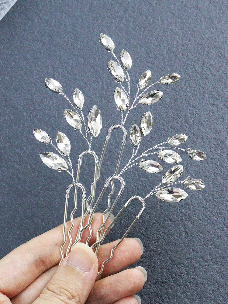 5PCS Silver Hair Pins for Women Rhinestone Head Jewelry Handmade Wedding Hair Accessories Party Bride Clips