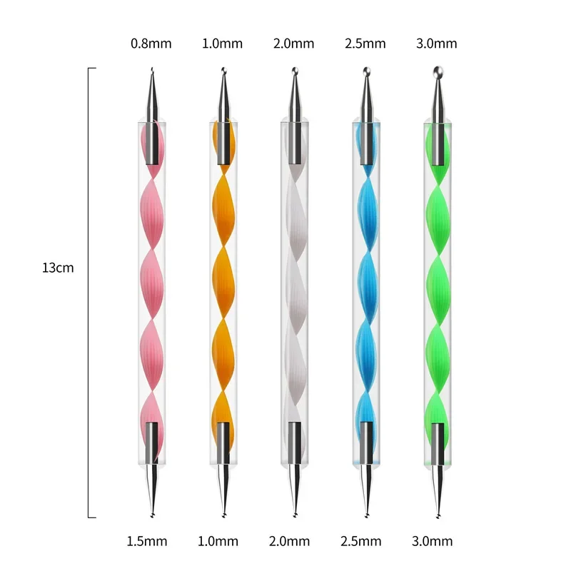 5Pcs Set Nail Art Gel Painting Dotting Pen Acrylic Handle Rhinestone 2 Way Brush Salon Decoration Manicure Tools Kit