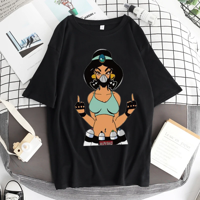 Alice In Wonderland T Shirt Women Cotton Tops Black Alice Snow White Princess Print Casual Short Sleeve 90s Fashion T-shirt t shirt palm angels