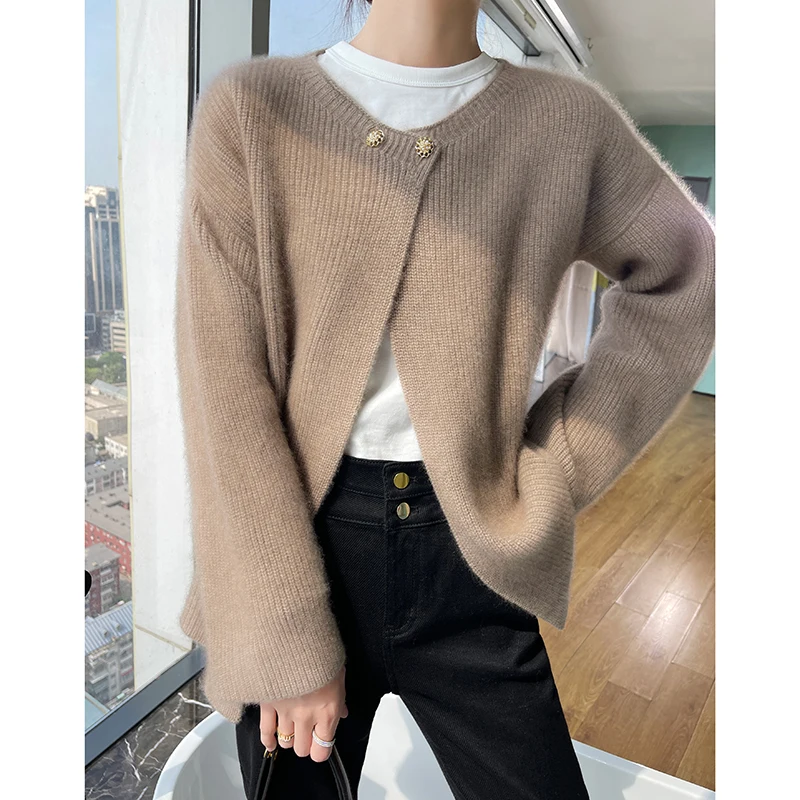 Autumn Winter Women O-neck 100% Woolen Sweater Coat Casual Knitted One Button Cardigan Female Cashmere Soft Outwear Jacket