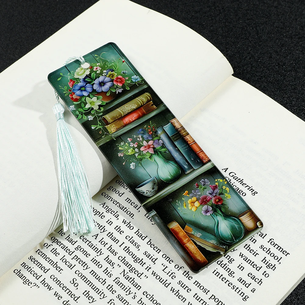 1pcs Bookcase & Vase Bookmarks Art Acrylic with Tassel Reading Marker for Book Lovers Bookworms Men Women, bookmarks stationery supplies, bookmark holder, acrylic bookmark