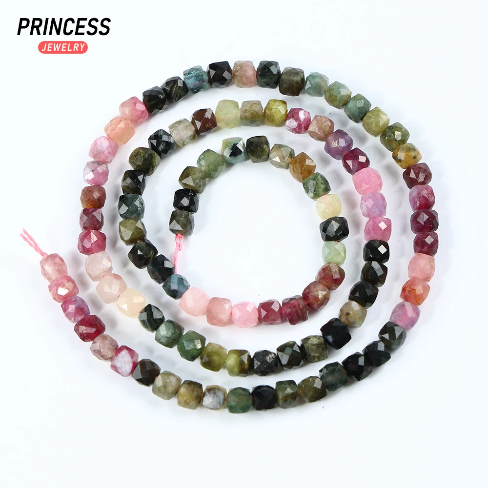 A++ Natural 4mm Colorful Tourmaline Cube Faceted Beads Healing Crystal Beads for Jewelry Making DIY Bracelet Necklace 6