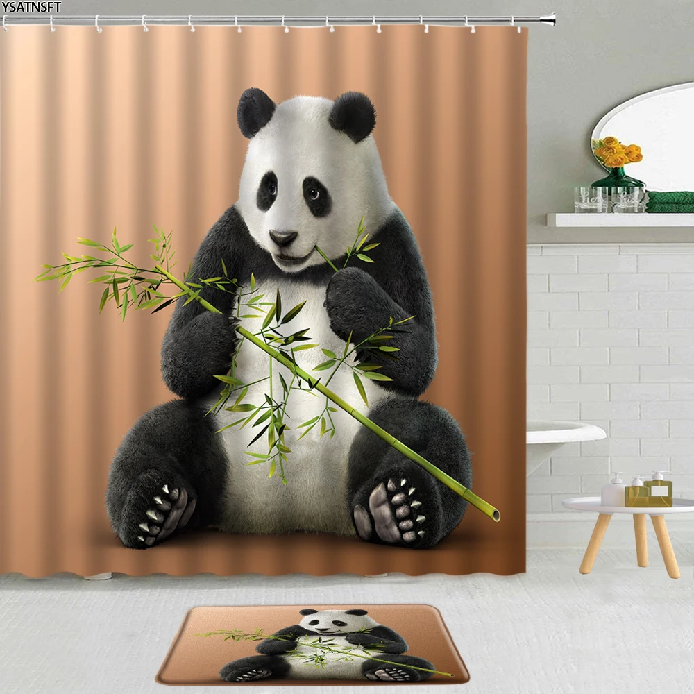 

2Pcs Funny Cartoon Animal Panda Shower Curtain Cute Pattern Bamboo Plant Non-Slip Carpet Bath Mat Bathroom Curtains Set Washable