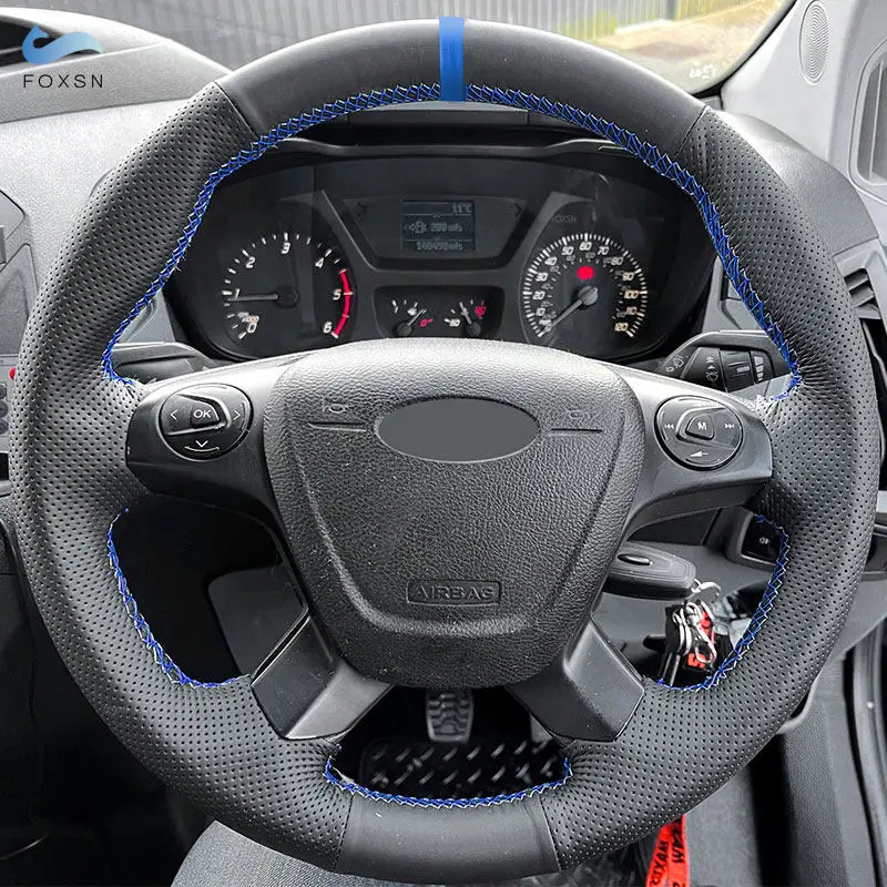 Für Ford Focus 3 2012–2014 C-MAX 2011–2014 KUGA Escape 2013–2016 Auto-Lenkradbezug, schwarzes Leder mit blauem Streifen