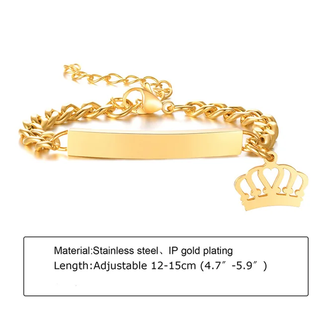 Custom Personalized Name Baby ID Bracelet, Stainless Steel Curb Chain Link Crown Bracelet Newborn Gilrs Boy Gifts Not Allergic 1005G gold