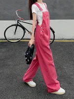 Pink Denim Overalls For Women Loose Slimming High Waist Straight Wide Leg Pants Student Style Jumpsuits - Image 2