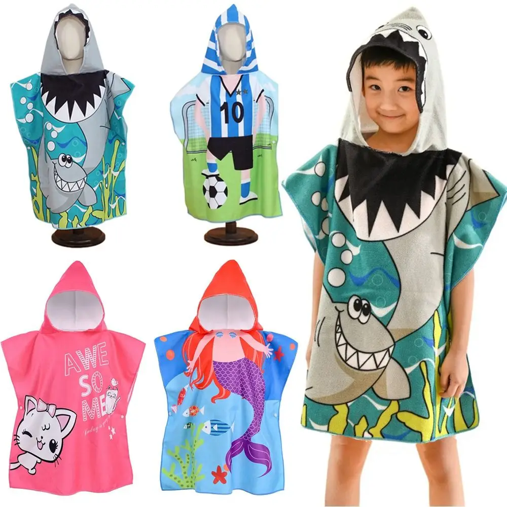 Kids Beach Towel Hooded Cloak Poncho Bathrobe Swim Washcloth Beach Shark Pattern Quick Dry for Summer Swim Towel
