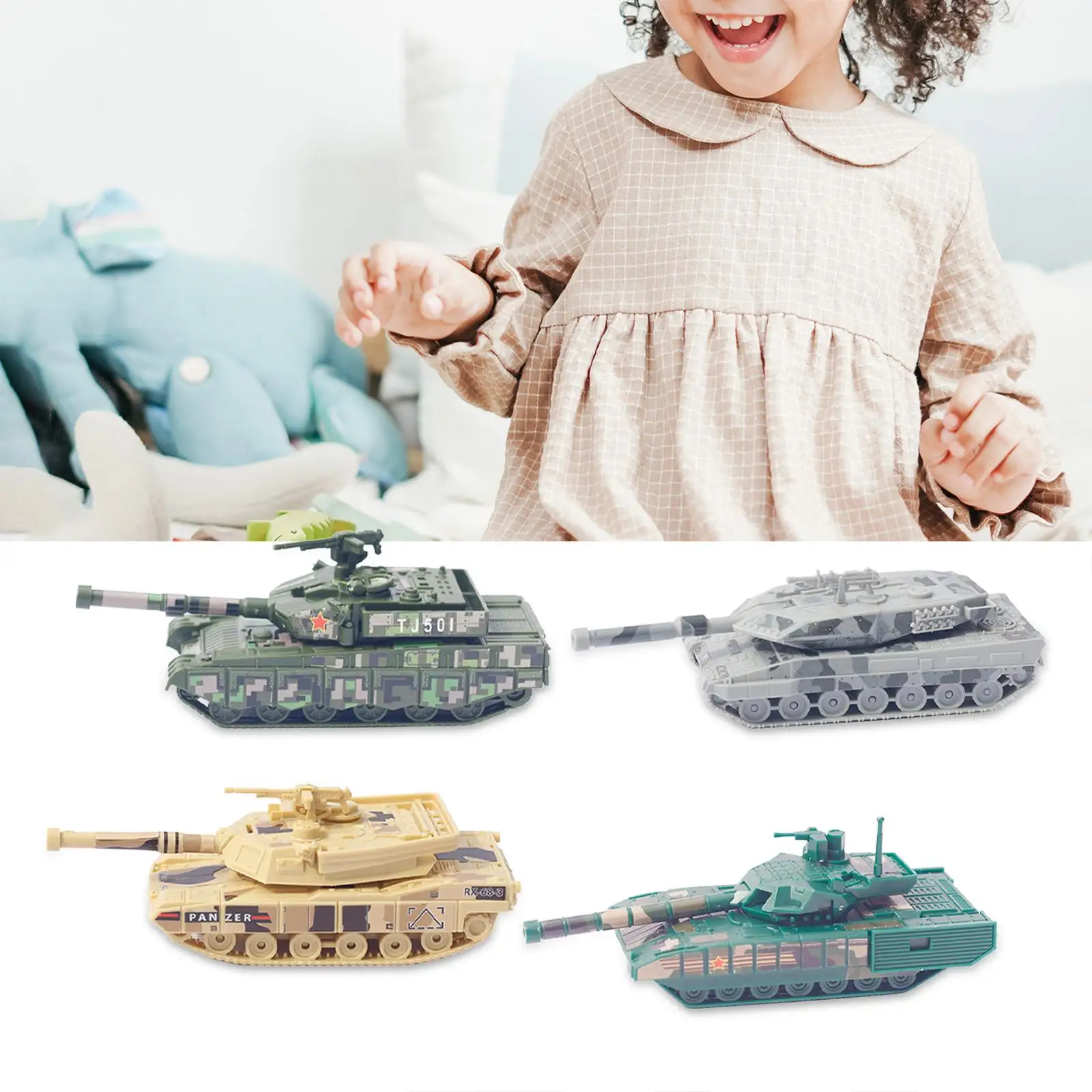 4 Pieces 1:100 Scale DIY Tank Model Tabletop Decor 99A1 2A6 Ornament Mini Vehicles 4D Modern Tank Model for Boy Girls Gifts
