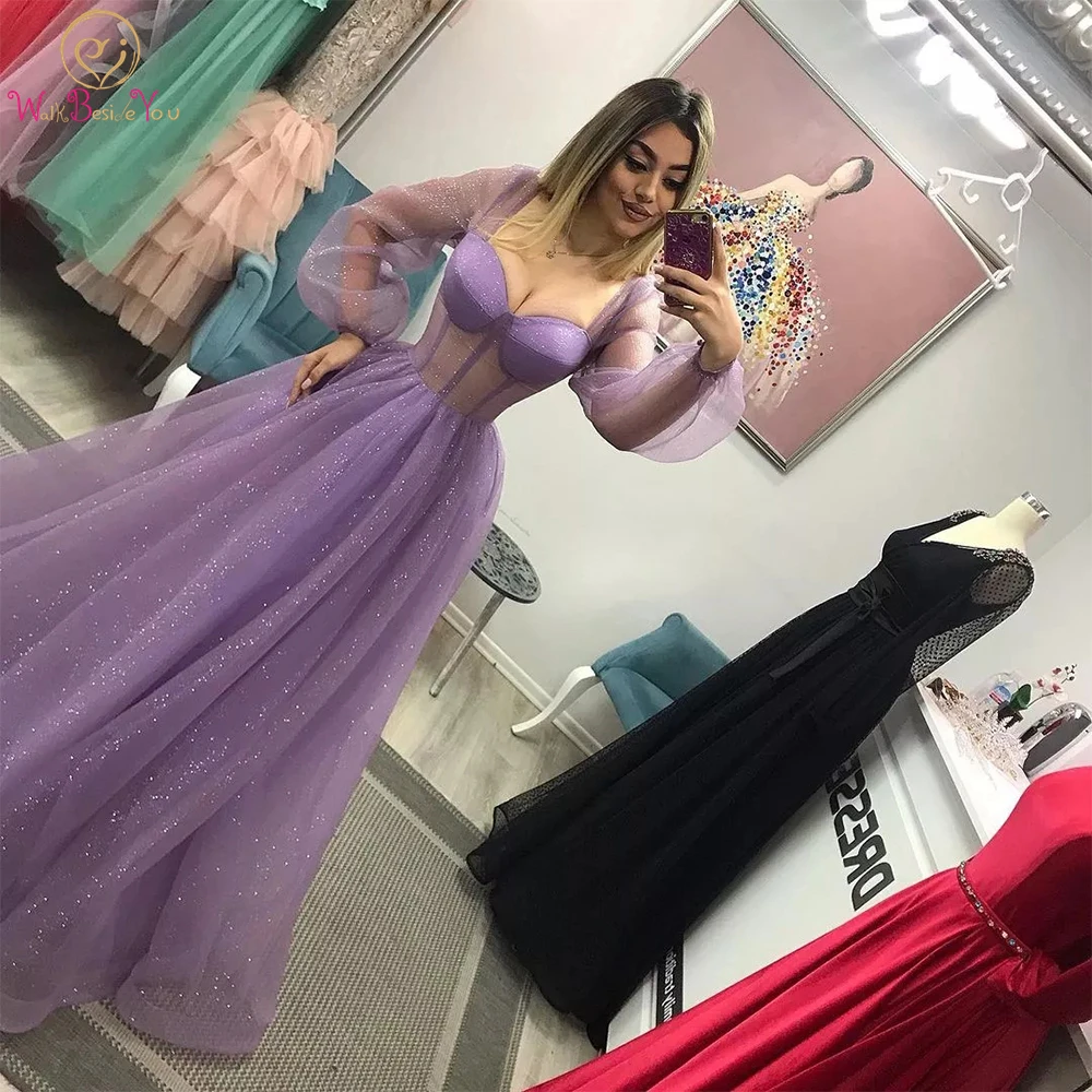 

Purple Glitters Prom Dresses 2022 Long Floor Length Puff Full Sleeves A Line Sweetheart Evening Gown Formal Party Illusion Women